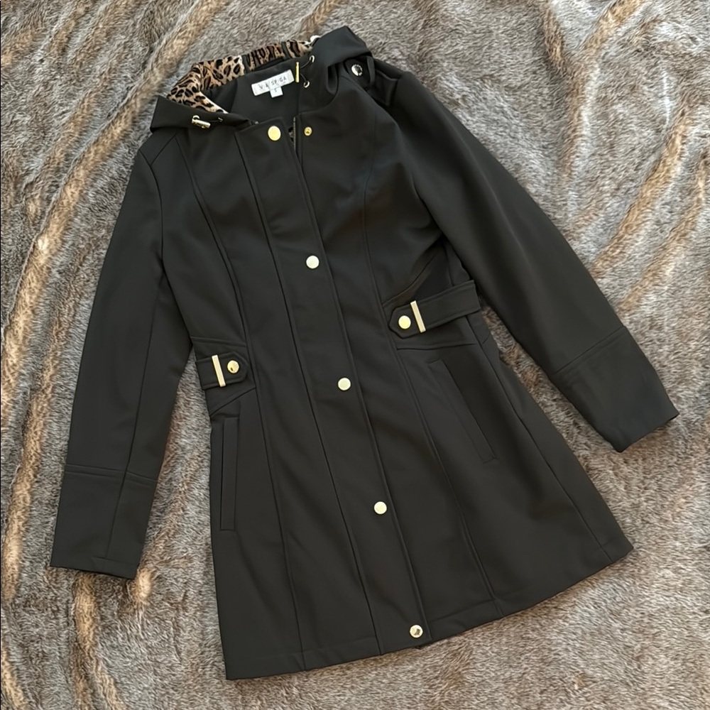 Via Spiga Dark Olive Green Hooded Coat w/ Leopard Interior Small